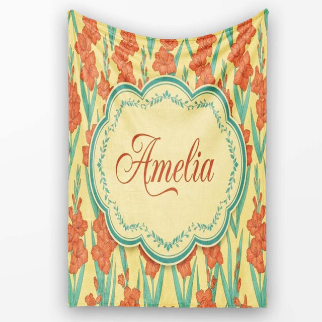 Bold Orange Floral Blooms with Teal Leaves Seamless Pattern Name  Personalised Custom Name Super Soft Fleece Blanket Bed Sofa Throw