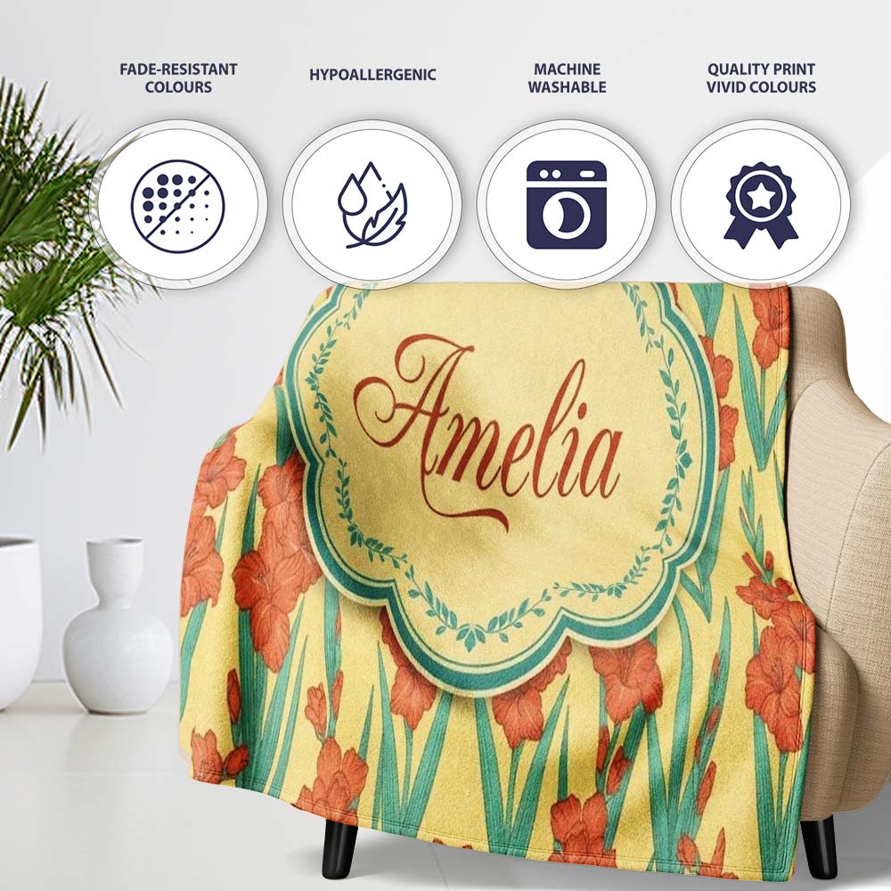 Bold Orange Floral Blooms with Teal Leaves Seamless Pattern Name  Personalised Custom Name Super Soft Fleece Blanket Bed Sofa Throw