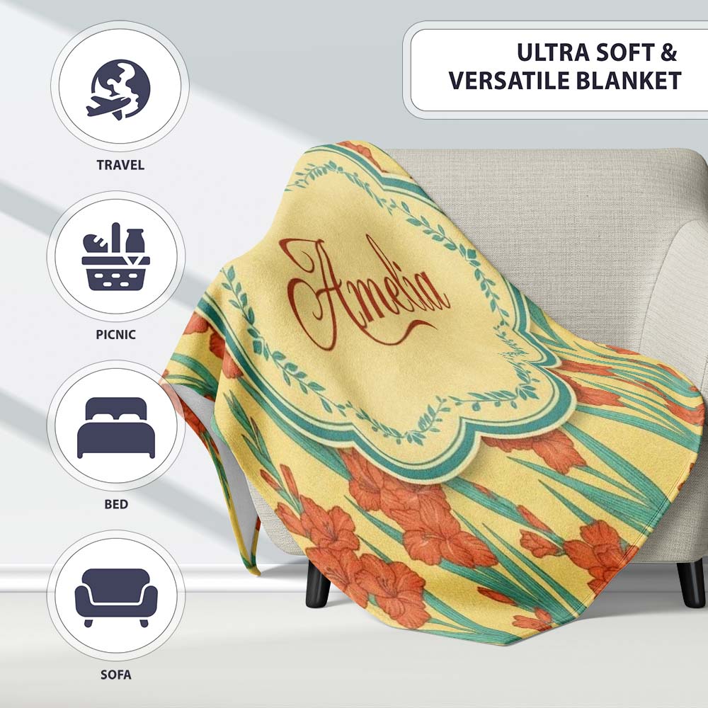 Bold Orange Floral Blooms with Teal Leaves Seamless Pattern Name  Personalised Custom Name Super Soft Fleece Blanket Bed Sofa Throw