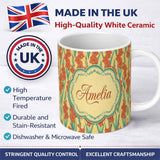 Personalized Custom Name Bold Orange Floral Blooms with Teal Leaves Seamless Pattern Name 11oz Ceramic Coffee Tea Mug White Large Handle