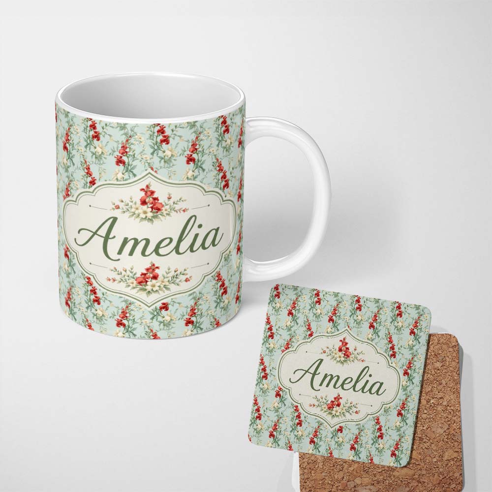 Personalized Custom Name Vintage Red and Cream Floral Vines on Pastel Blue Seamless Pattern 11oz Ceramic Coffee Tea Mug White Large Handle