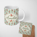 Personalized Custom Name Vintage Red and Cream Floral Vines on Pastel Blue Seamless Pattern 11oz Ceramic Coffee Tea Mug White Large Handle