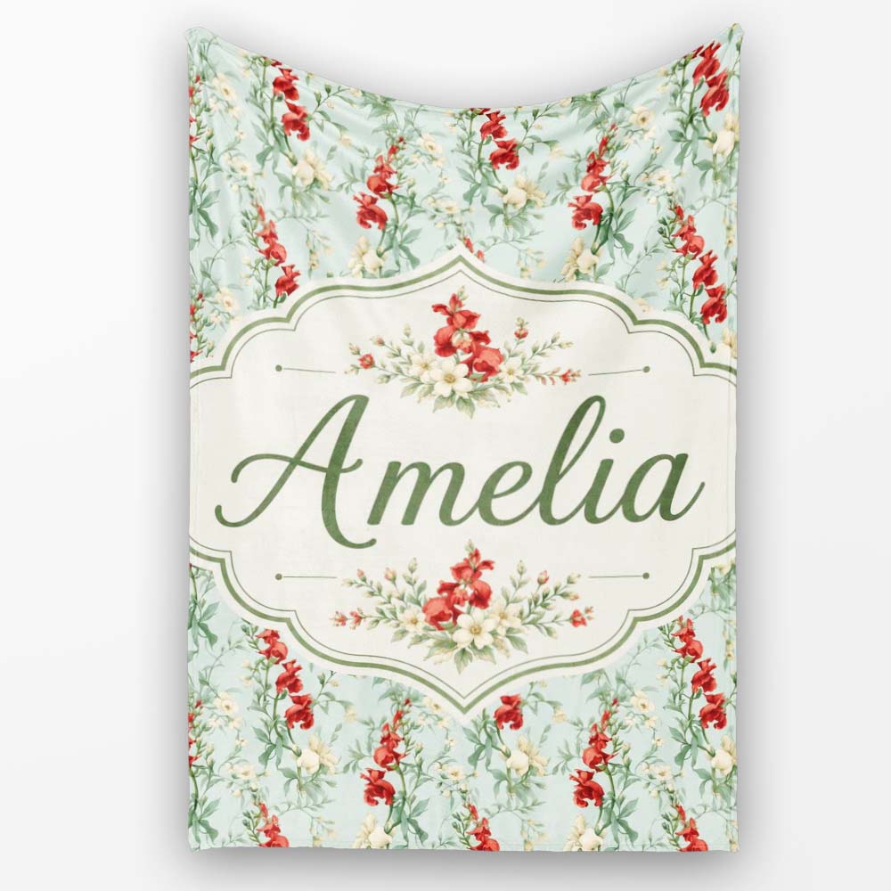 Vintage Red and Cream Floral Vines on Pastel Blue Seamless Pattern  Personalised Custom Name Super Soft Fleece Blanket Bed Sofa Throw