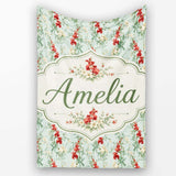 Vintage Red and Cream Floral Vines on Pastel Blue Seamless Pattern  Personalised Custom Name Super Soft Fleece Blanket Bed Sofa Throw
