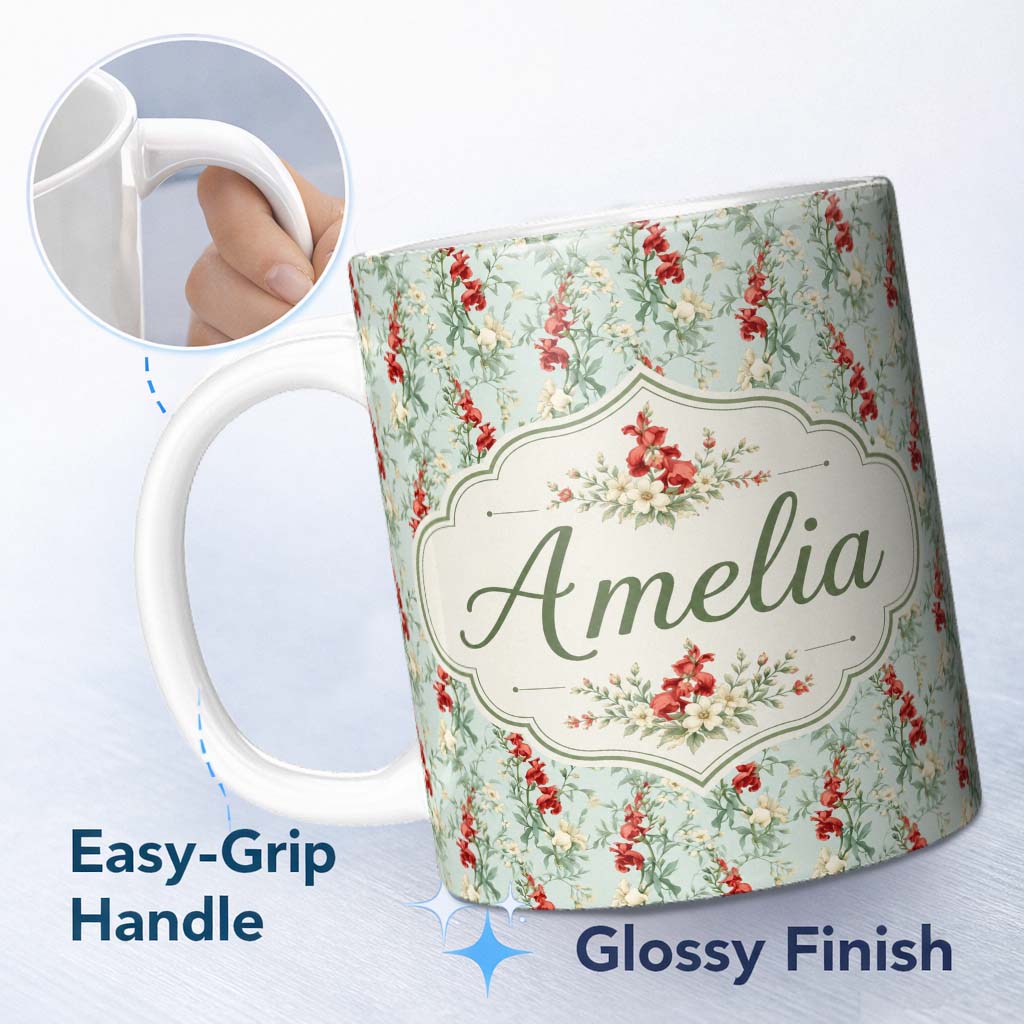 Personalized Custom Name Vintage Red and Cream Floral Vines on Pastel Blue Seamless Pattern 11oz Ceramic Coffee Tea Mug White Large Handle