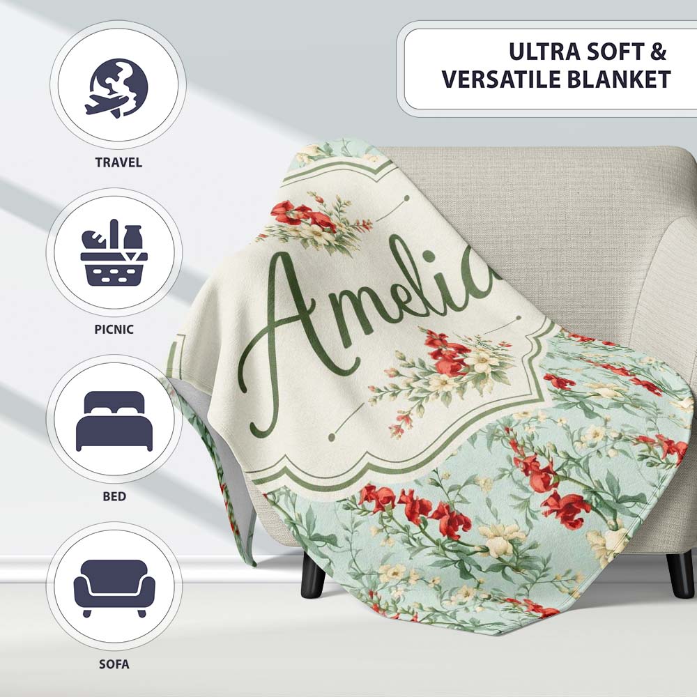 Vintage Red and Cream Floral Vines on Pastel Blue Seamless Pattern  Personalised Custom Name Super Soft Fleece Blanket Bed Sofa Throw