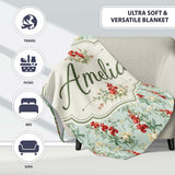 Vintage Red and Cream Floral Vines on Pastel Blue Seamless Pattern  Personalised Custom Name Super Soft Fleece Blanket Bed Sofa Throw