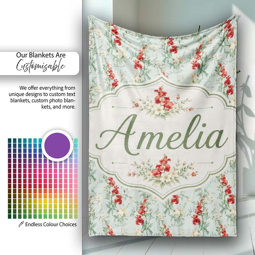 Vintage Red and Cream Floral Vines on Pastel Blue Seamless Pattern  Personalised Custom Name Super Soft Fleece Blanket Bed Sofa Throw