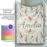Vintage Red and Cream Floral Vines on Pastel Blue Seamless Pattern  Personalised Custom Name Super Soft Fleece Blanket Bed Sofa Throw