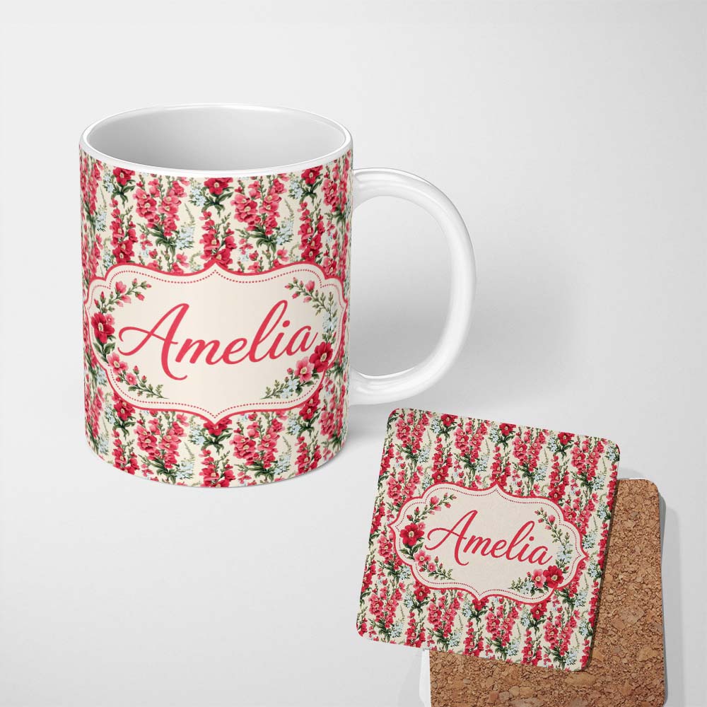 Personalized Custom Name Classic Pink and Red Garden Flowers on Neutral Background Seamless 11oz Ceramic Coffee Tea Mug White Large Handle