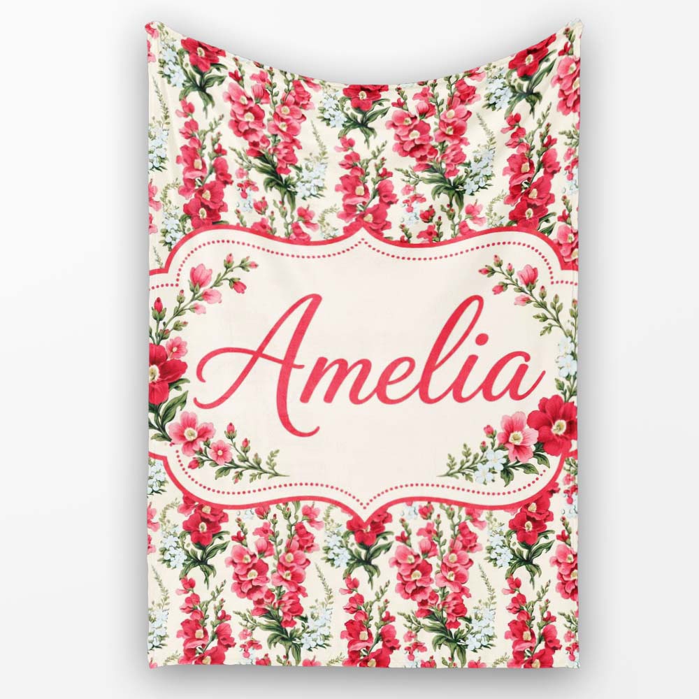 Classic Pink and Red Garden Flowers on Neutral Background Seamless  Personalised Custom Name Super Soft Fleece Blanket Bed Sofa Throw
