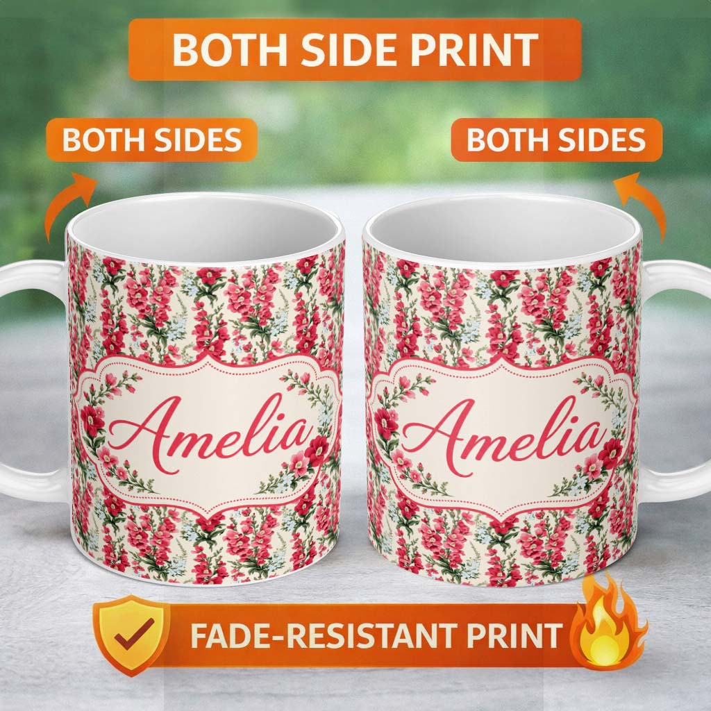 Personalized Custom Name Classic Pink and Red Garden Flowers on Neutral Background Seamless 11oz Ceramic Coffee Tea Mug White Large Handle