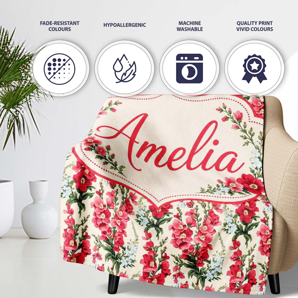 Classic Pink and Red Garden Flowers on Neutral Background Seamless  Personalised Custom Name Super Soft Fleece Blanket Bed Sofa Throw