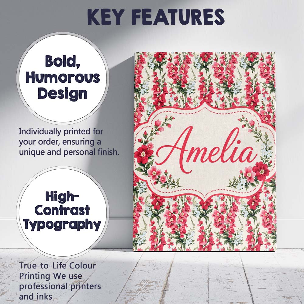 Personalised Name Classic Pink and Red Custom  Modern Room Accent Elegant Feature Canvas Wall Art Print Decor Picture Ready to Hang