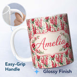 Personalized Custom Name Classic Pink and Red Garden Flowers on Neutral Background Seamless 11oz Ceramic Coffee Tea Mug White Large Handle