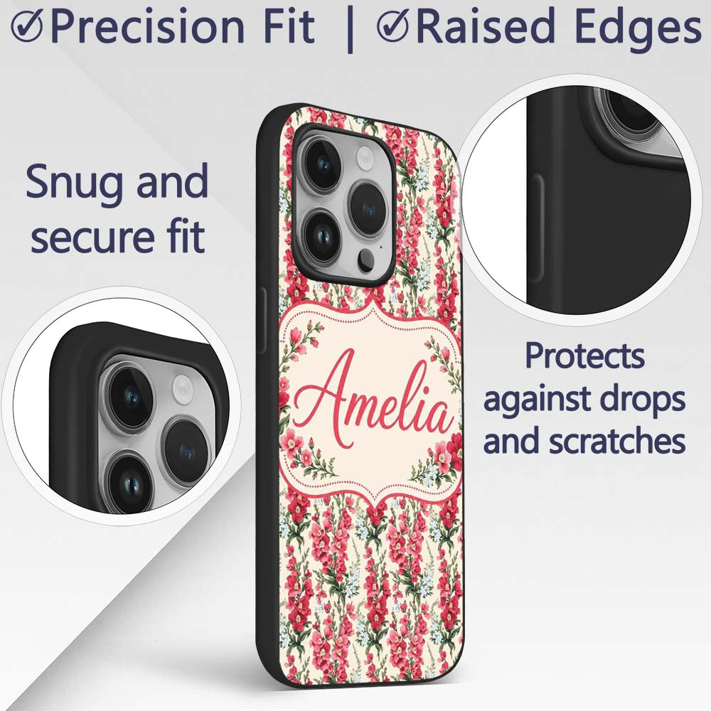 Classic Pink and Red Garden Flowers on Neutral Custom Name Protective Phone Case Mobile Cover Durable Everyday Smartphone Shock Resistant
