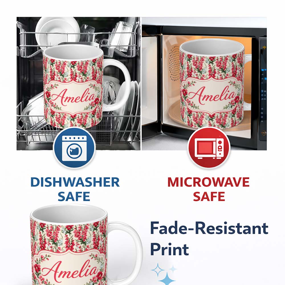 Personalized Custom Name Classic Pink and Red Garden Flowers on Neutral Background Seamless 11oz Ceramic Coffee Tea Mug White Large Handle