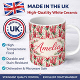 Personalized Custom Name Classic Pink and Red Garden Flowers on Neutral Background Seamless 11oz Ceramic Coffee Tea Mug White Large Handle
