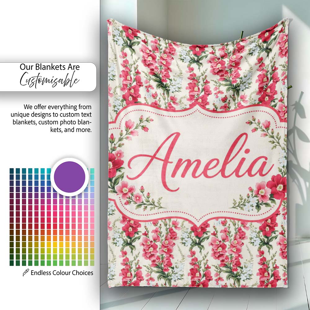 Classic Pink and Red Garden Flowers on Neutral Background Seamless  Personalised Custom Name Super Soft Fleece Blanket Bed Sofa Throw