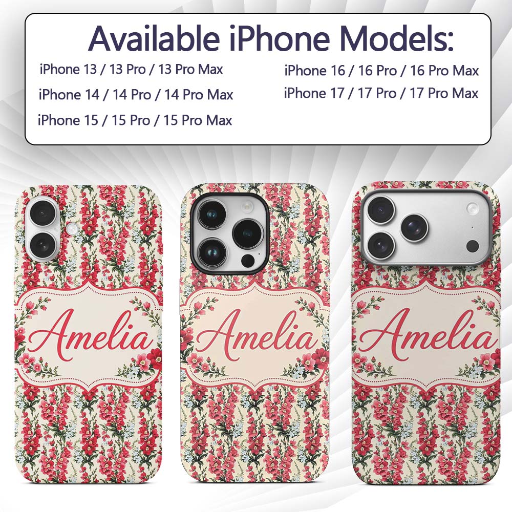 Classic Pink and Red Garden Flowers on Neutral Custom Name Protective Phone Case Mobile Cover Durable Everyday Smartphone Shock Resistant