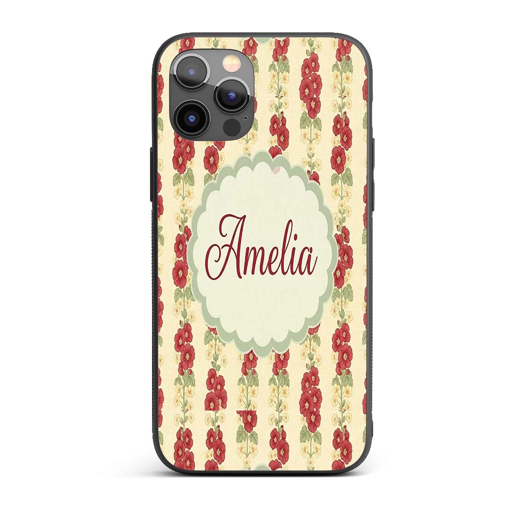 Vintage Red Floral Stems with Cream Blossoms Custom Name Protective Phone Case Mobile Cover Durable Everyday Smartphone Shock Resistant