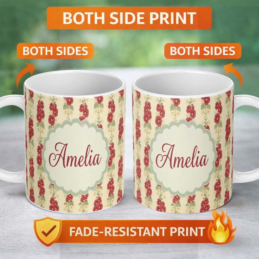 Personalized Custom Name Vintage Red Floral Stems with Cream Blossoms Seamless Pattern Name 11oz Ceramic Coffee Tea Mug White Large Handle