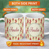 Personalized Custom Name Vintage Red Floral Stems with Cream Blossoms Seamless Pattern Name 11oz Ceramic Coffee Tea Mug White Large Handle