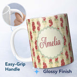 Personalized Custom Name Vintage Red Floral Stems with Cream Blossoms Seamless Pattern Name 11oz Ceramic Coffee Tea Mug White Large Handle