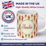 Personalized Custom Name Vintage Red Floral Stems with Cream Blossoms Seamless Pattern Name 11oz Ceramic Coffee Tea Mug White Large Handle