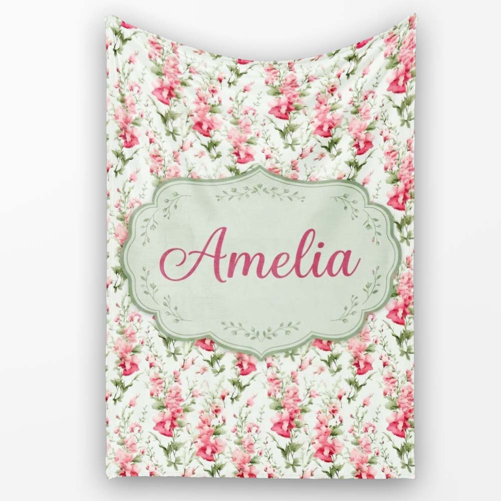 Soft Pink Floral Sprigs with Green Leaves Seamless Pattern Name Cute  Personalised Custom Name Super Soft Fleece Blanket Bed Sofa Throw