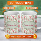 Personalized Custom Name Soft Pink Floral Sprigs with Green Leaves Seamless Pattern Name Cute 11oz Ceramic Coffee Tea Mug White Large Handle