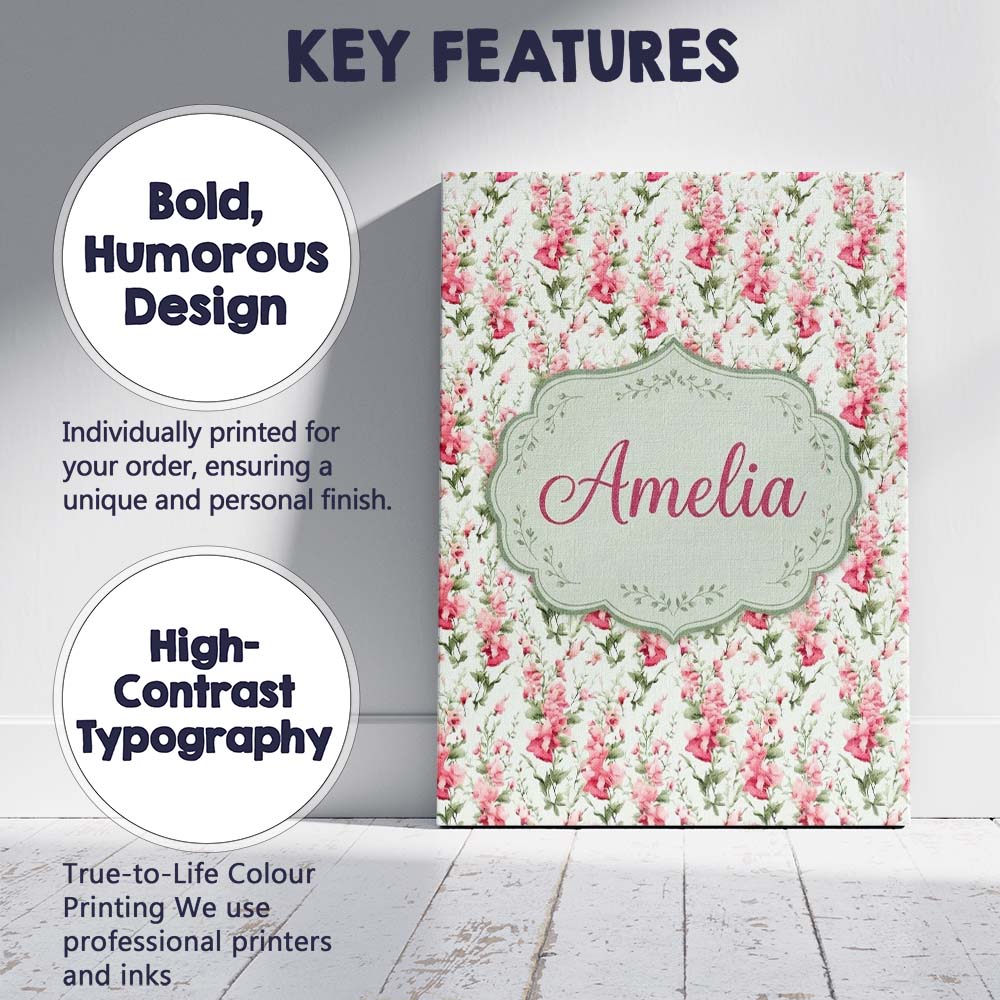 Personalised Name Soft Pink Floral Sprigs Custom  Unique Gift Idea Elegant Feature Canvas Wall Art Print Decor Picture Ready to Hang