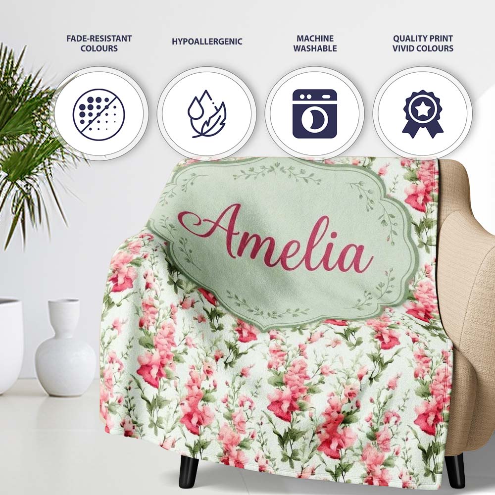 Soft Pink Floral Sprigs with Green Leaves Seamless Pattern Name Cute  Personalised Custom Name Super Soft Fleece Blanket Bed Sofa Throw