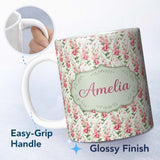 Personalized Custom Name Soft Pink Floral Sprigs with Green Leaves Seamless Pattern Name Cute 11oz Ceramic Coffee Tea Mug White Large Handle