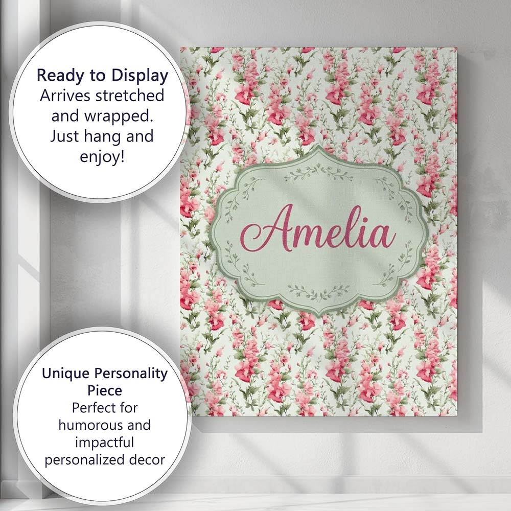 Personalised Name Soft Pink Floral Sprigs Custom  Unique Gift Idea Elegant Feature Canvas Wall Art Print Decor Picture Ready to Hang