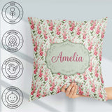 Custom Name Soft Pink Floral Sprigs with Green Pattern Name Cute Square Filled Cushion Throw Pillow Sofa Bed Home Decor Zip Washable UK Made