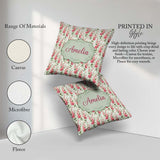 Custom Name Soft Pink Floral Sprigs with Green Pattern Name Cute Square Filled Cushion Throw Pillow Sofa Bed Home Decor Zip Washable UK Made
