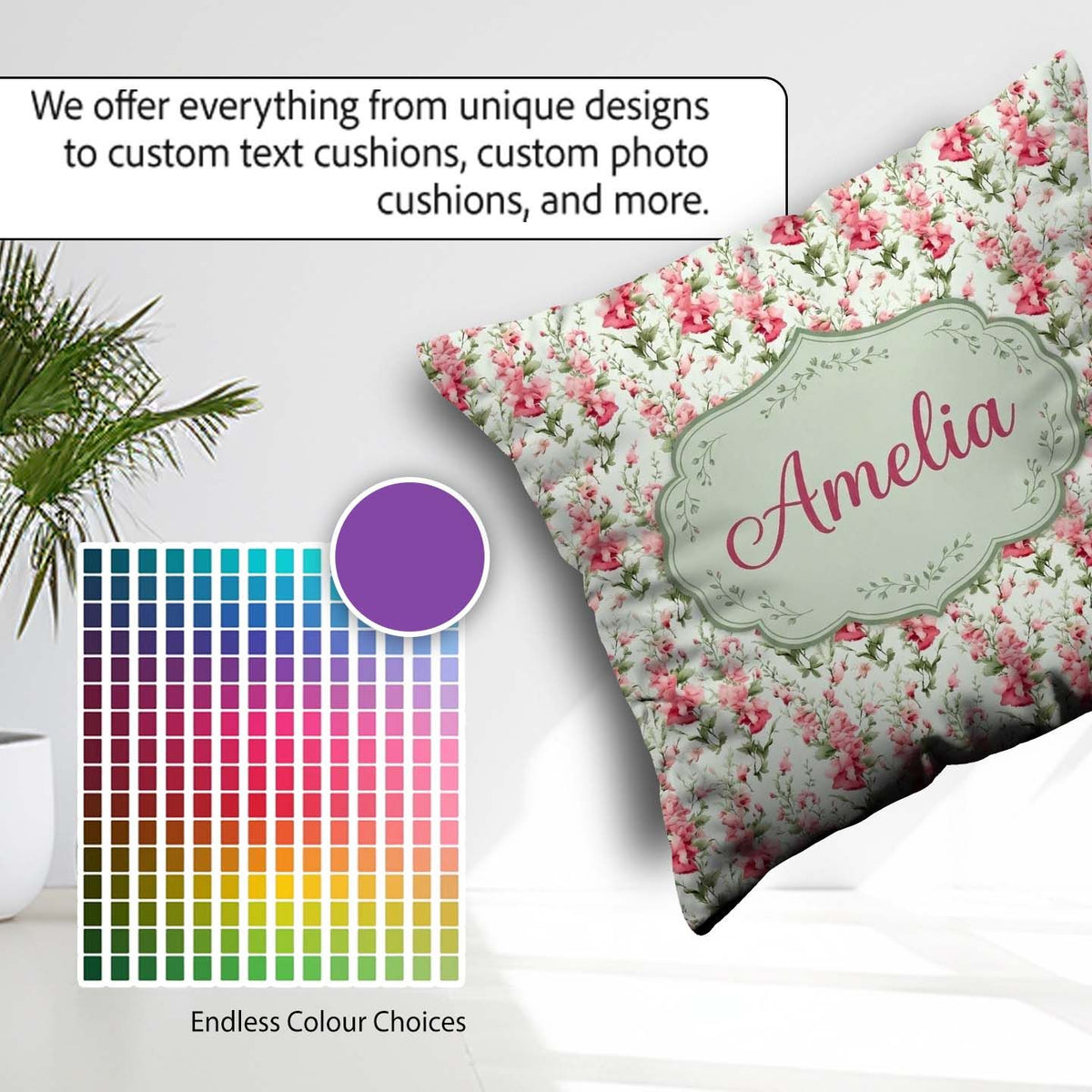 Custom Name Soft Pink Floral Sprigs with Green Pattern Name Cute Square Filled Cushion Throw Pillow Sofa Bed Home Decor Zip Washable UK Made
