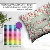 Custom Name Soft Pink Floral Sprigs with Green Pattern Name Cute Square Filled Cushion Throw Pillow Sofa Bed Home Decor Zip Washable UK Made