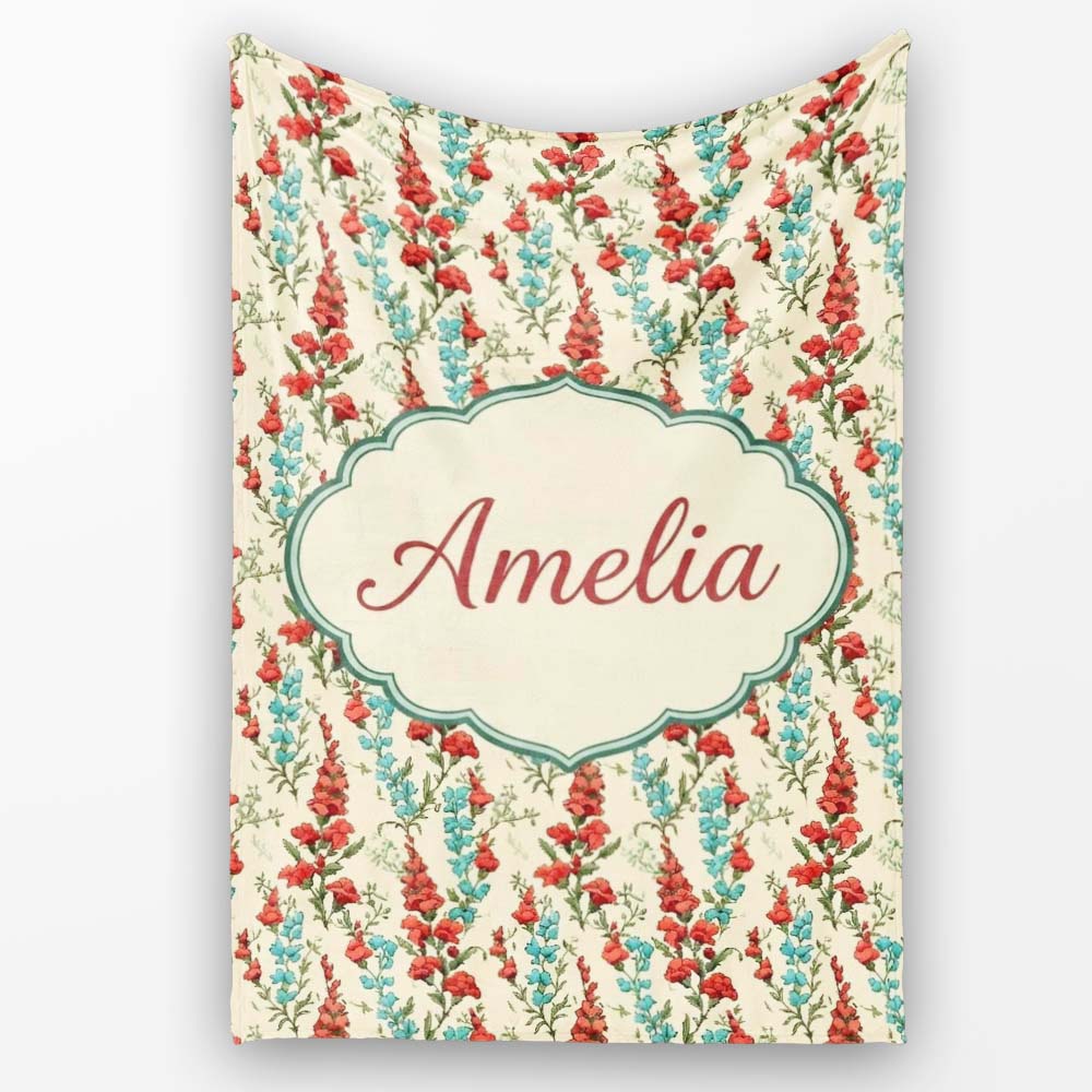 Vintage Red and Blue Floral Vines on Beige Background Seamless  Personalised Custom Name Super Soft Fleece Blanket Bed Sofa Throw