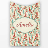 Vintage Red and Blue Floral Vines on Beige Background Seamless  Personalised Custom Name Super Soft Fleece Blanket Bed Sofa Throw