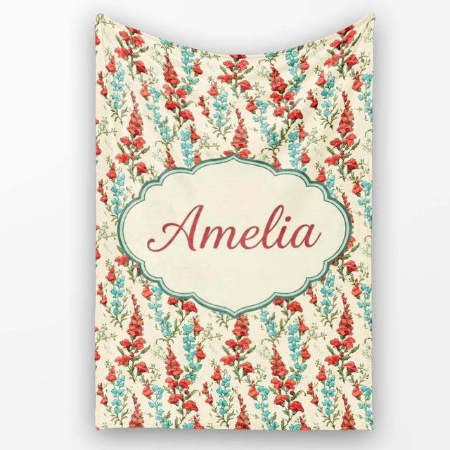 Vintage Red and Blue Floral Vines on Beige Background Seamless  Personalised Custom Name Super Soft Fleece Blanket Bed Sofa Throw