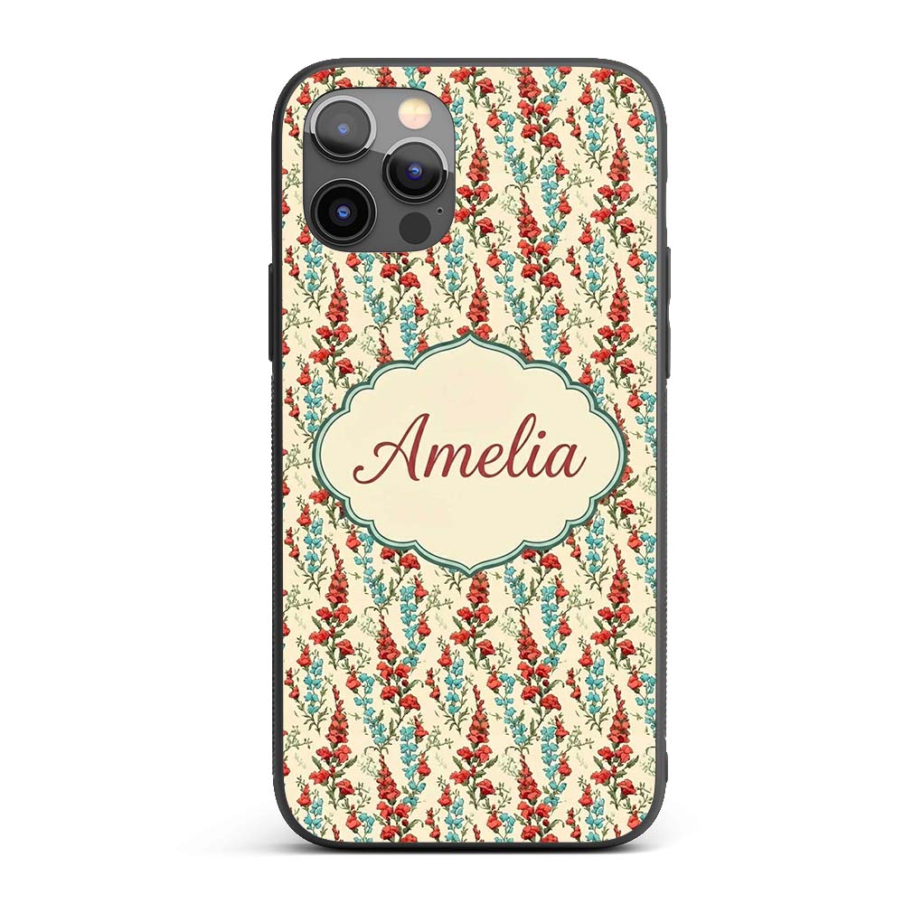 Vintage Red and Blue Floral Vines Printed Design Custom Name Protective Phone Case Mobile Cover Durable Everyday Smartphone Shock Resistant