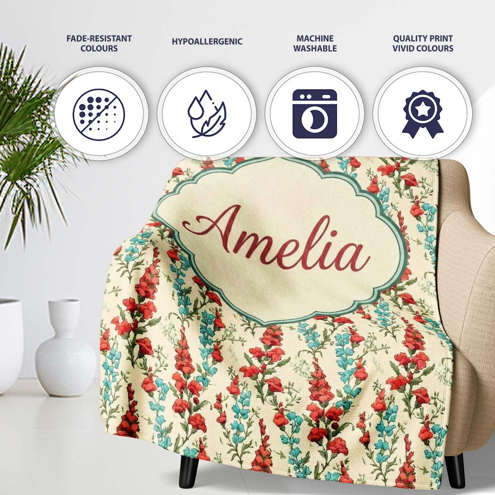 Vintage Red and Blue Floral Vines on Beige Background Seamless  Personalised Custom Name Super Soft Fleece Blanket Bed Sofa Throw