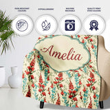 Vintage Red and Blue Floral Vines on Beige Background Seamless  Personalised Custom Name Super Soft Fleece Blanket Bed Sofa Throw