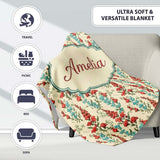 Vintage Red and Blue Floral Vines on Beige Background Seamless  Personalised Custom Name Super Soft Fleece Blanket Bed Sofa Throw