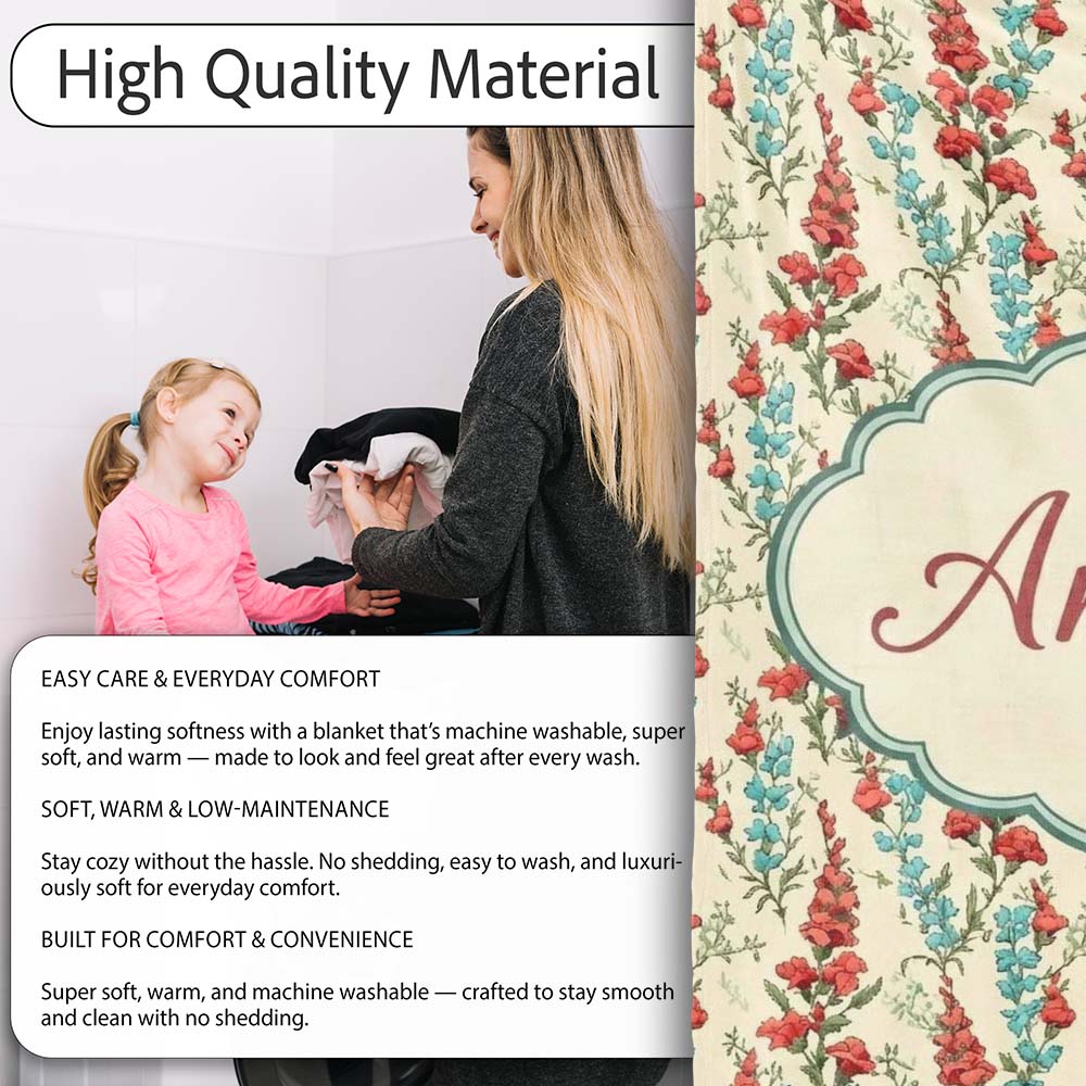 Vintage Red and Blue Floral Vines on Beige Background Seamless  Personalised Custom Name Super Soft Fleece Blanket Bed Sofa Throw