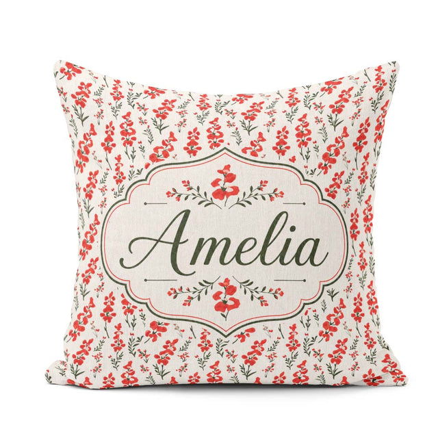 Custom Name Minimal Red Floral Sprigs on Light Neutral Seamless Square Filled Cushion Throw Pillow Sofa Bed Home Decor Zip Washable UK Made