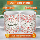 Personalized Custom Name Minimal Red Floral Sprigs on Light Neutral Background Seamless 11oz Ceramic Coffee Tea Mug White Large Handle