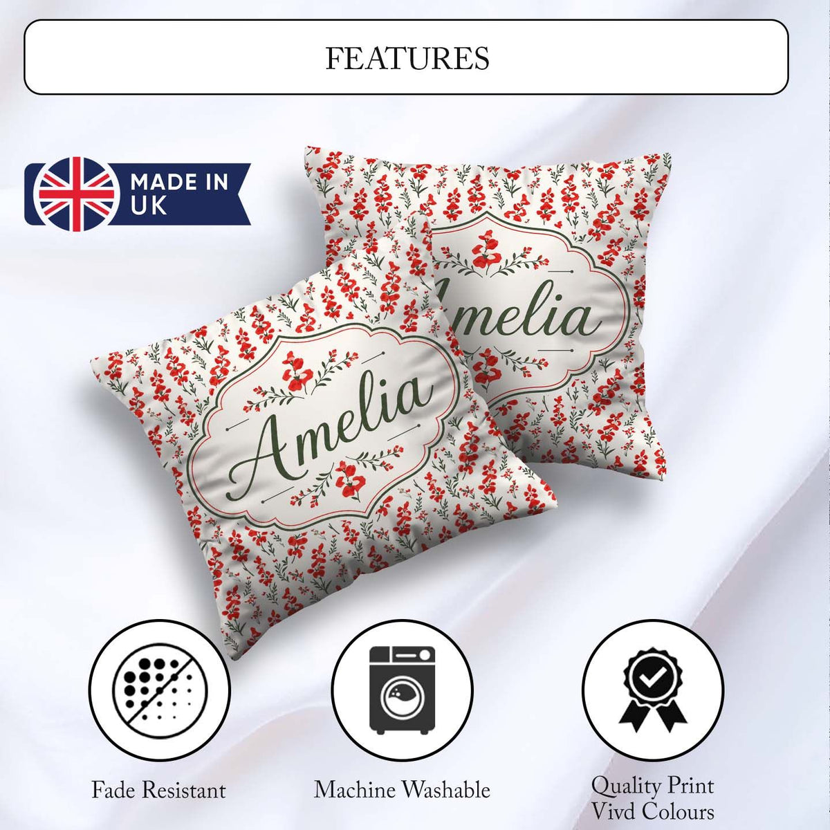 Custom Name Minimal Red Floral Sprigs on Light Neutral Seamless Square Filled Cushion Throw Pillow Sofa Bed Home Decor Zip Washable UK Made